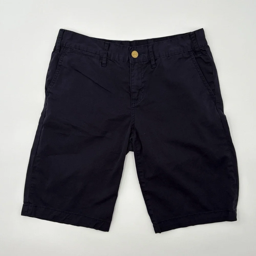Tory Burch Bermuda Chino Shorts Navy Blue Gold Logo Button Size 25 EUC